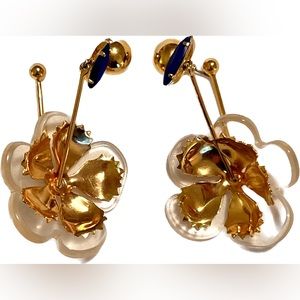 Gold flower drop earrings with blue stone